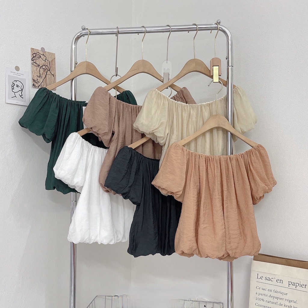 (Ảnh thật) Áo trễ vai voan tơ 2 lớp dáng lửng bo chun the.sweaterweather TSW