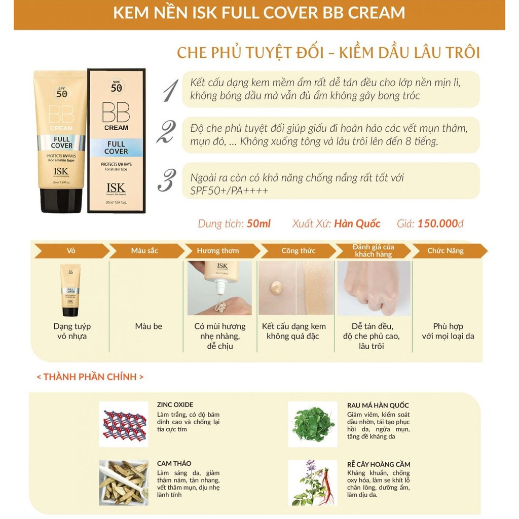 KEM NỀN TRANG ĐIỂM CHỐNG NẮNG ISK FULL COVER BB CREAM SPF 50+/PA+++ 50ml  - Hàn Quốc