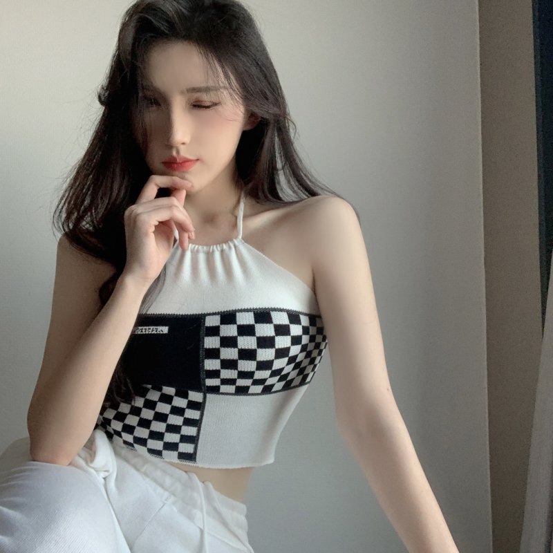 【ZHELIHANGFEI】 / Áo Dệt Kim Hai Dây Ngắn Hở Rốn Phong Cách Quyến Rũ Cho Nữ