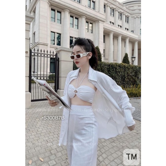 Set bộ 3 món đi biển : áo croptop 2 dây quần dài ống suông sơ mi nữ tay dài form rộng thô đũi mát BEBEDOLL