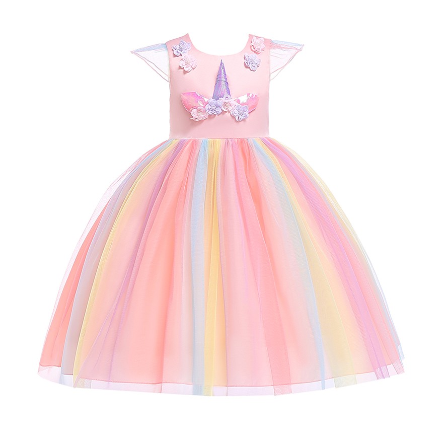 Đầm xòe vải lưới thiết kế kỳ lân hoạt hình phong cách công chúa dành cho bé gái