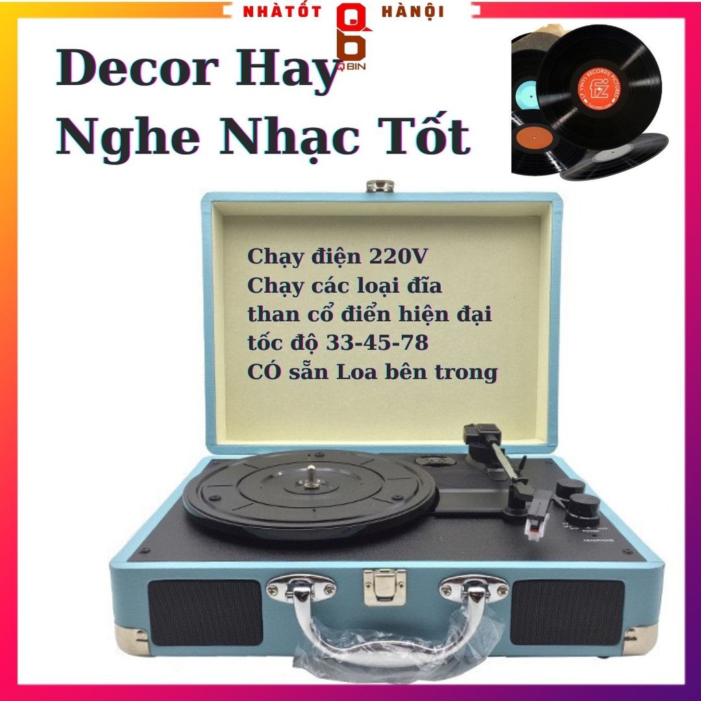 Đầu mâm than vinylLP turntable đa năng tự hành dáng vali có loa bên trong màu xanh cốm