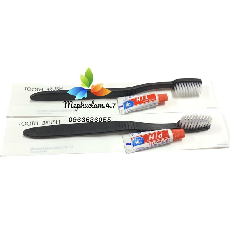 [100] Bàn chải đen cao cấp kèm kem đánh răng đút túi trắng sữa cho khách sạn, resort, homestay -nhận in logo