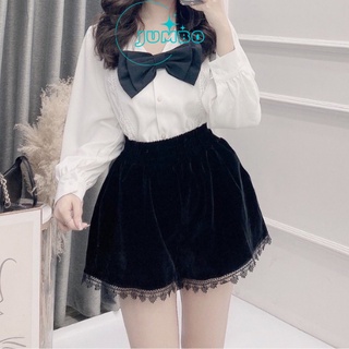 Quần nhung nữ Jumbo short dáng phồng thiết kế sóoc phối ren phong cách Hàn Quốc siêu xinh