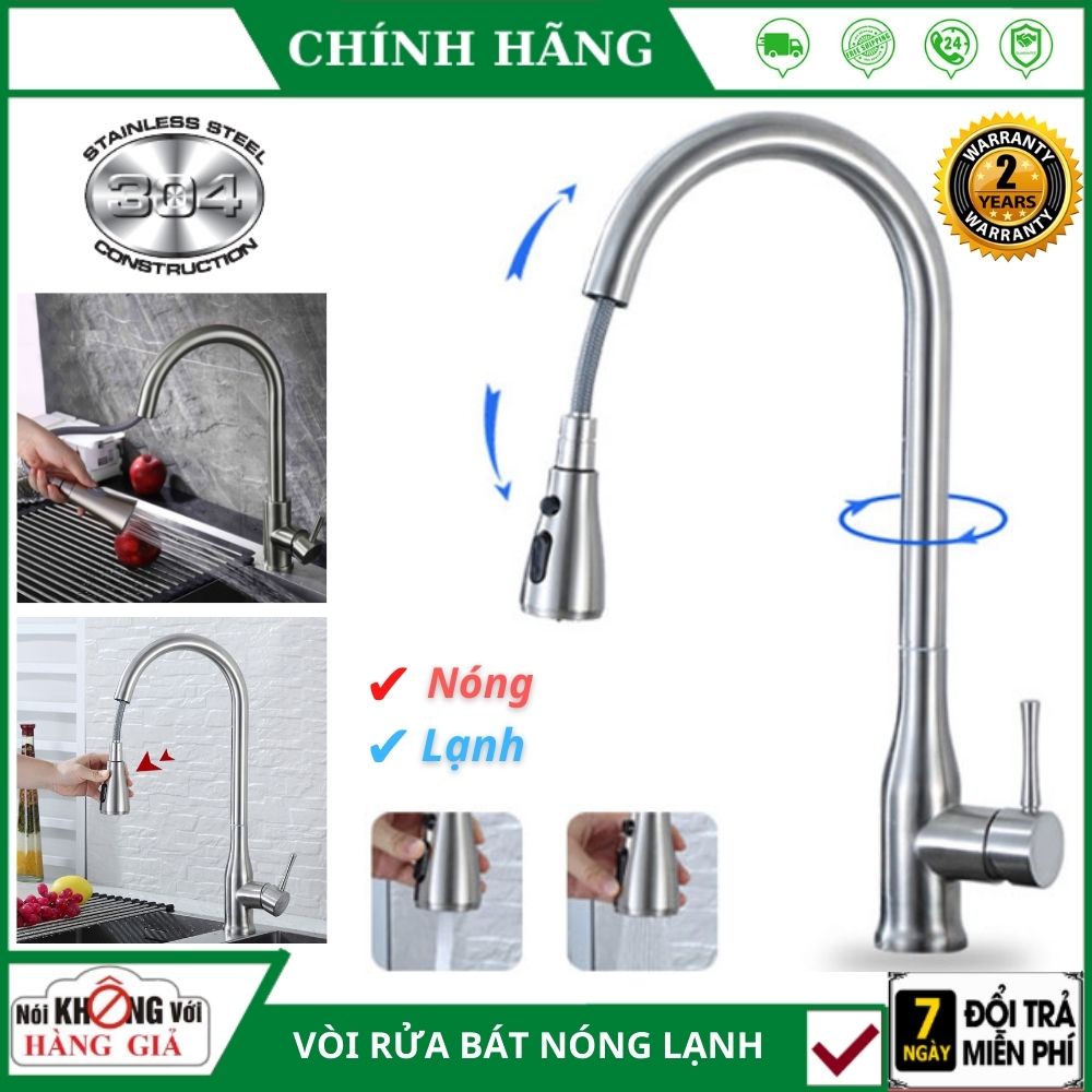 Vòi rửa bát dây rút tăng áp Inox Sus 304 xoay 360 độ cao cấp , gật gù nóng lạnh rửa chén chính hãng bảo hành 24 tháng