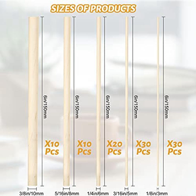 Set 100 Que Dowel Bằng Gỗ 1 / 8,3 / 16,1 / 4,5 / 16,3 / 8X6Inch Làm Thủ Công DIY Đa Ứng Dụng