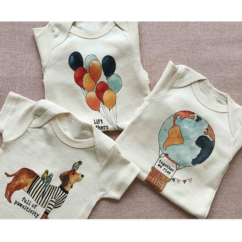 Áo Liền Quần Tay Ngắn Chất Liệu Cotton In Họa Tiết Dễ Thương Thời Trang Mùa Hè Cho Bé 0-2 Tuổi