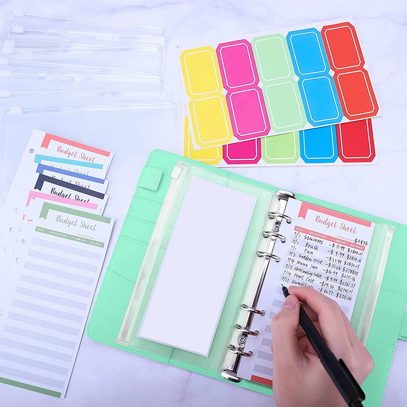 Bộ sổ còng A6 có bìa + ngăn đựng + tấm ngân sách + miếng dán dùng lập kế hoạch chi tiêu cá nhân để tiết kiệm tiền