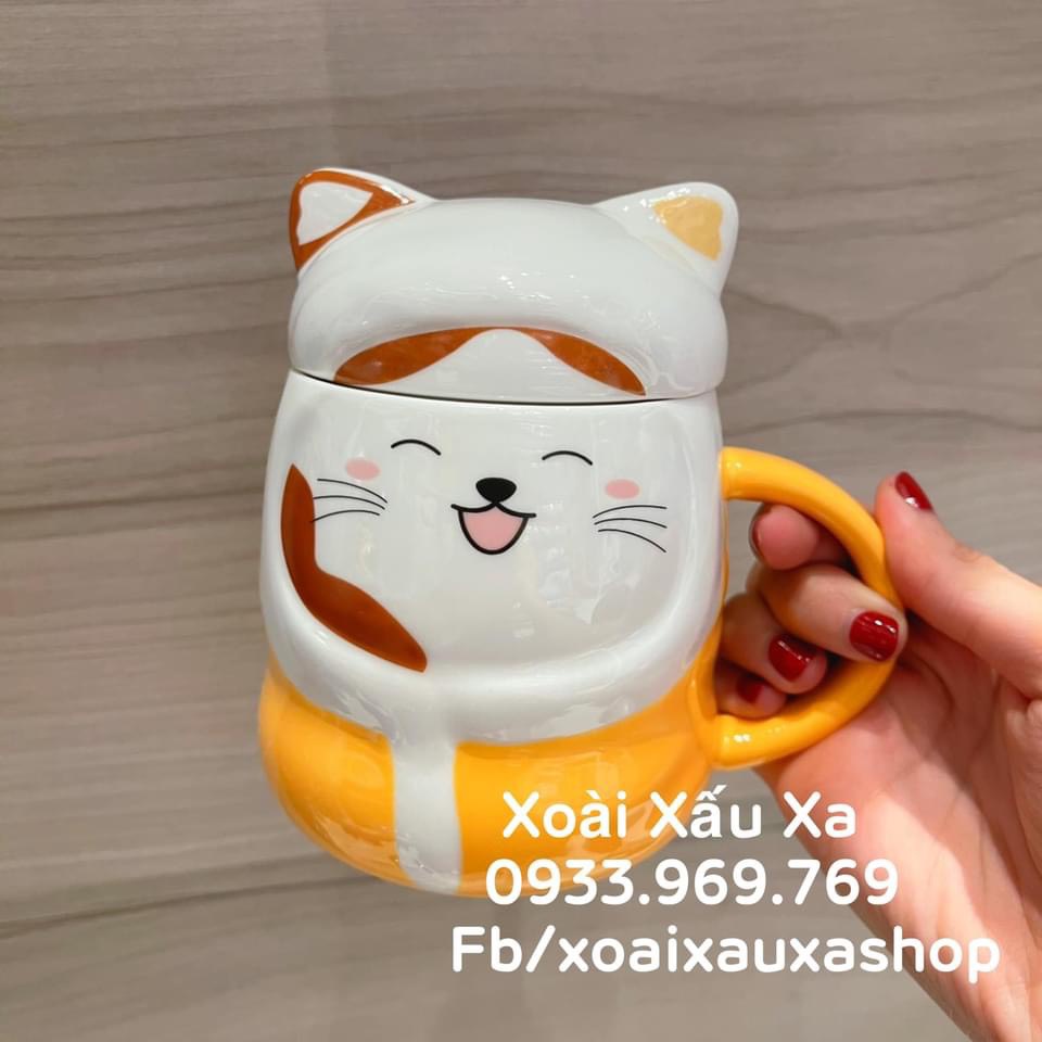 Ly sứ uống nước 3D hình con mèo siêu đáng yêu ly nước văn phòng dễ thương kèm muỗng 400ml