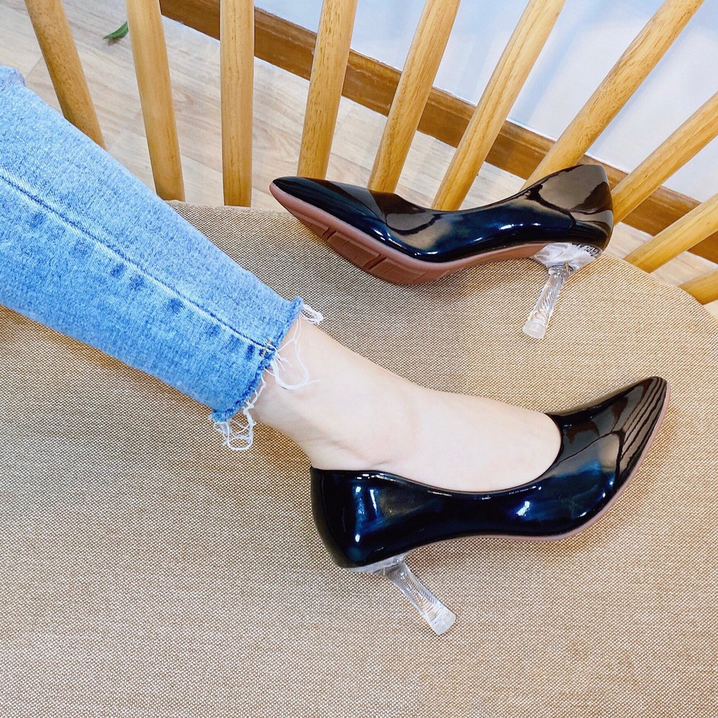 Giày cao gót cao 7cm MINICHINO da bóng thời trang mũi nhọn màu đỏ và đen