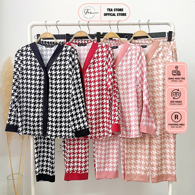 Bộ mặc nhà Pyjama chất lụa Tea Store áo dài quần dài họa tiết zigzag 4 màu cổ V | BigBuy360 - bigbuy360.vn