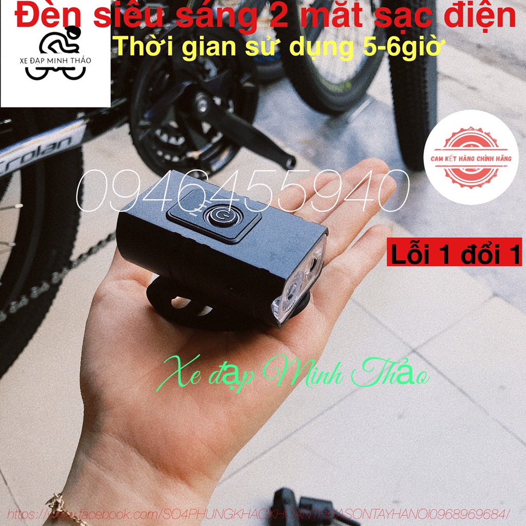 Đèn siêu sáng  2 mắt sạc điện ♠️ FREESHIP ♠️ sử dụng 4-5 giờ, phù hợp cài xe đạp