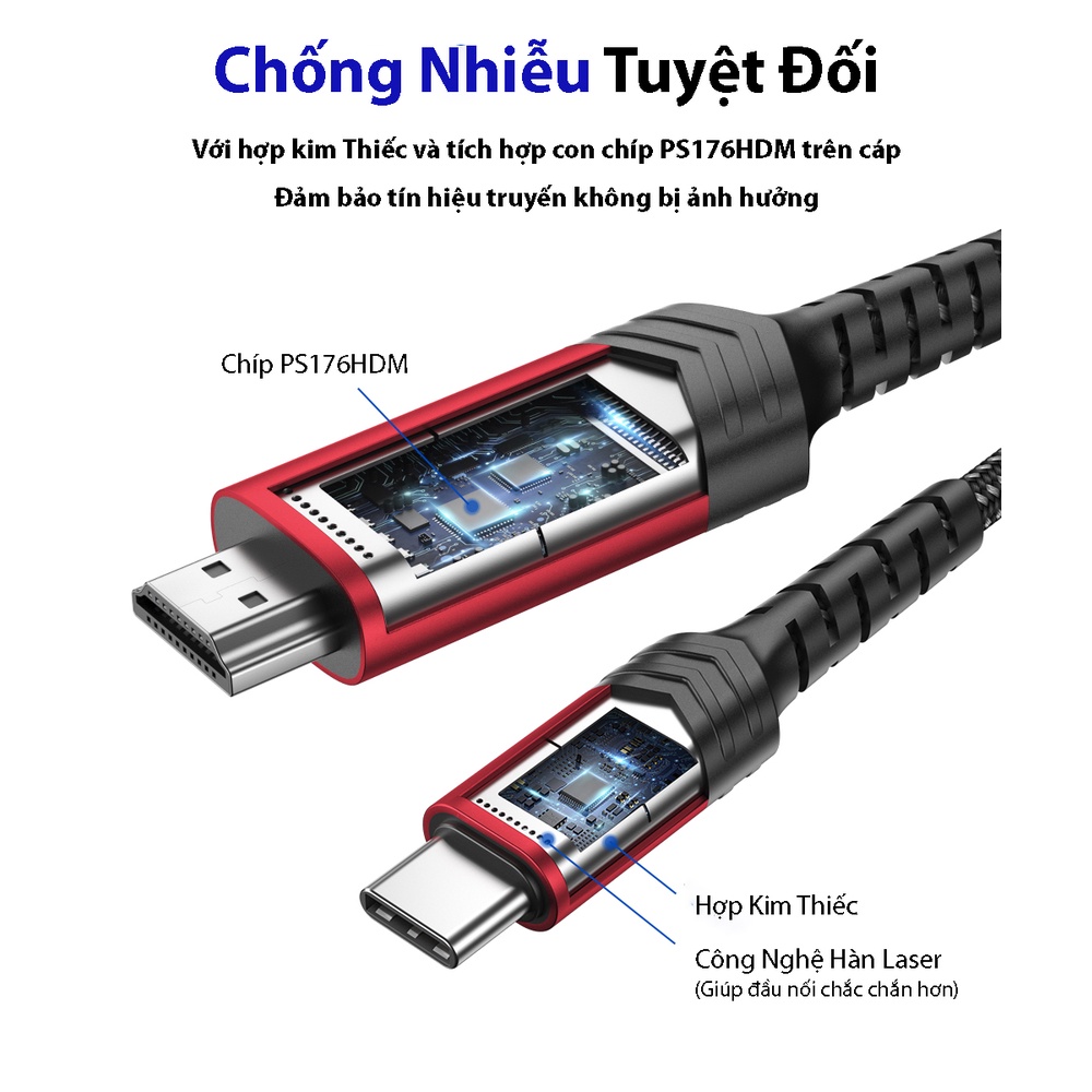 Cáp Chuyển Đổi Type C sang HDMI CV0030 JSAUX 4K 60Hz 3M Cho Tất Cả Thiết Bị Type C – Macbook, Samsung, Oppo, Huawei…