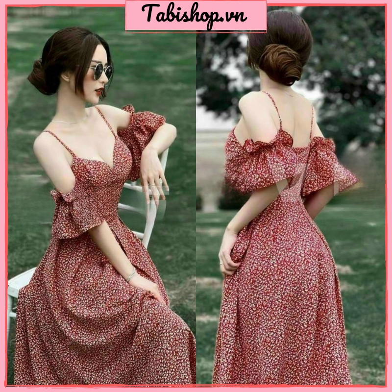 Đầm hoa nhí vinatge dáng dài maxi TABISHOP Váy nữ 2 dây trễ vai tay phồng xinh đi biển siêu hot