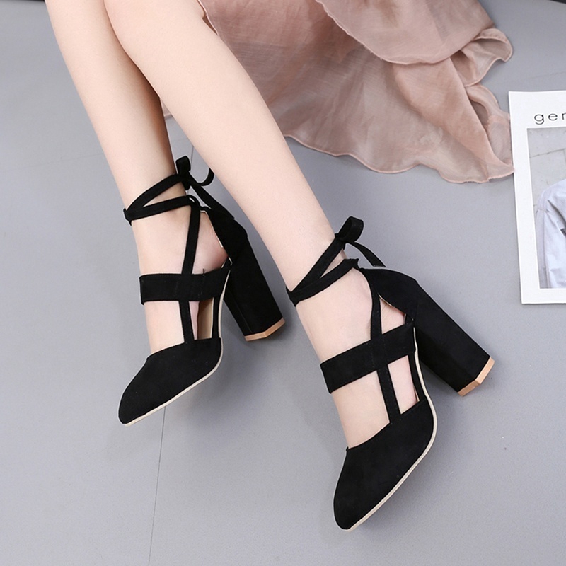 Giày cao gót sandal nữ đế thô bằng da lộn gợi cảm