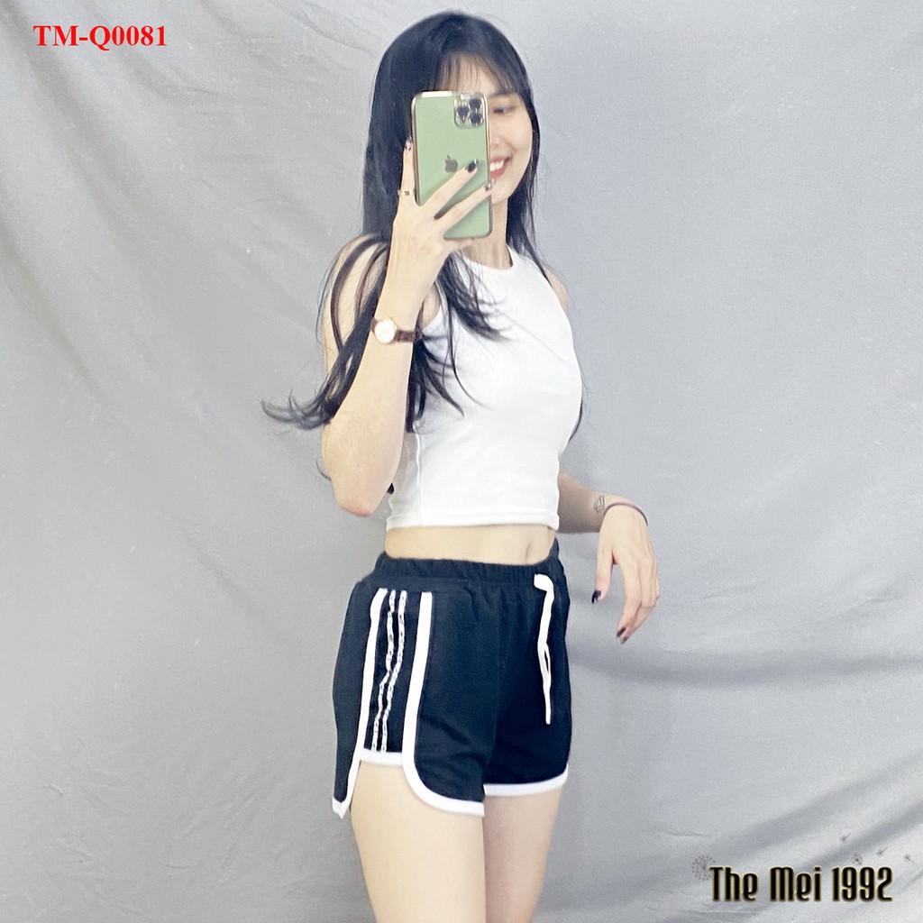 Quần đùi short nữ THE MEI 1992 cao cấp - Quần sooc nữ cạp chun chất Umi thể thao dáng hộp viền chữ siêu xinh