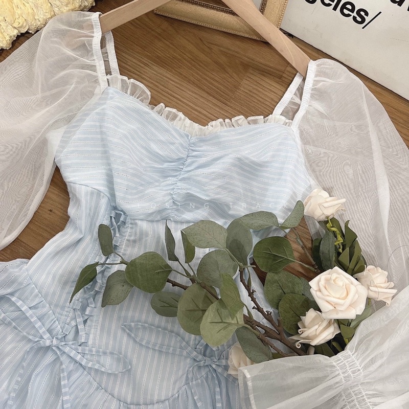 ĐẦM SỌC XANH ĐAN EO PHỐI TAY TRẮNG