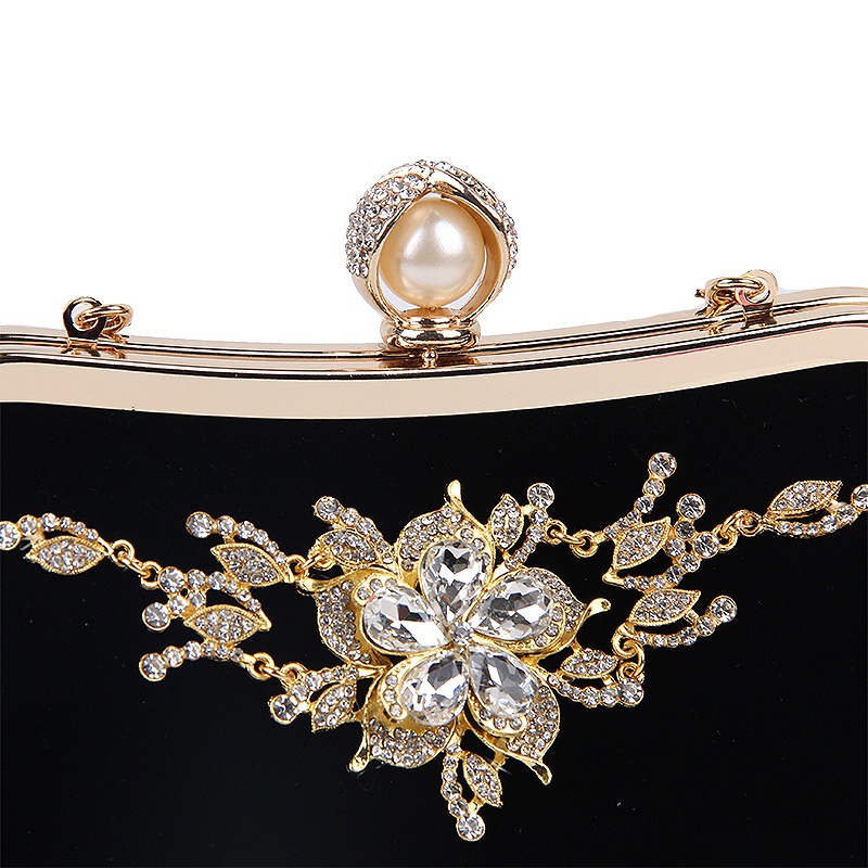 Female Diamond Pearl Handbag Vintage Crystal Clutch Bag （Black）