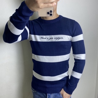 Áo len nam cổ tròn ABABA, mềm mịn ấm kẻ chữ visco ABA-07