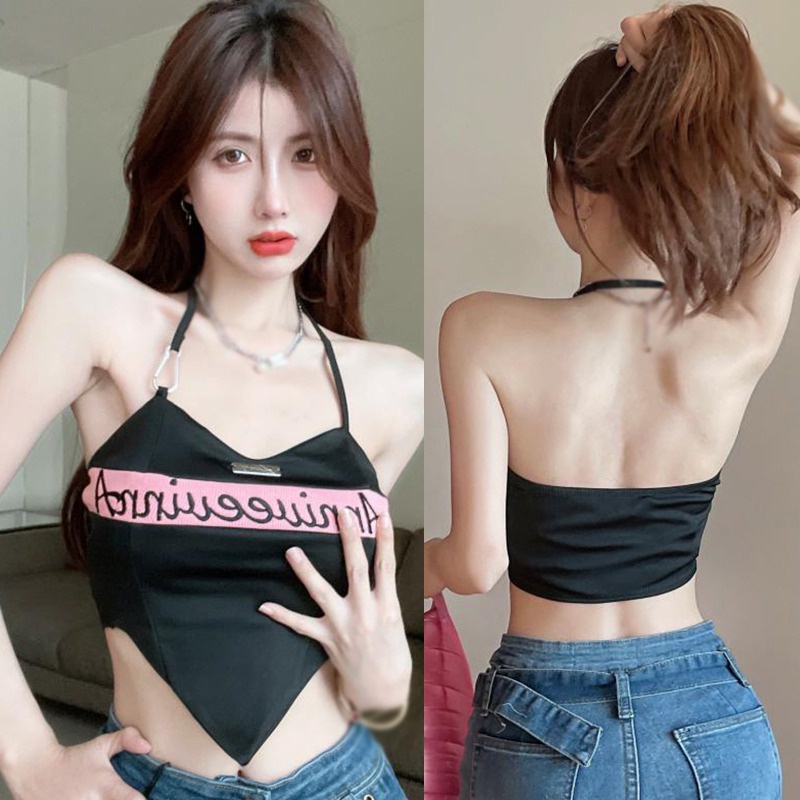 Áo Dệt Kim Hai Dây Ôm Dáng Thêu Chữ Màu Sắc Tương Phản Phong Cách Hàn Quốc