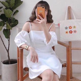 Đầm 2 dây rớt vai tay bo
