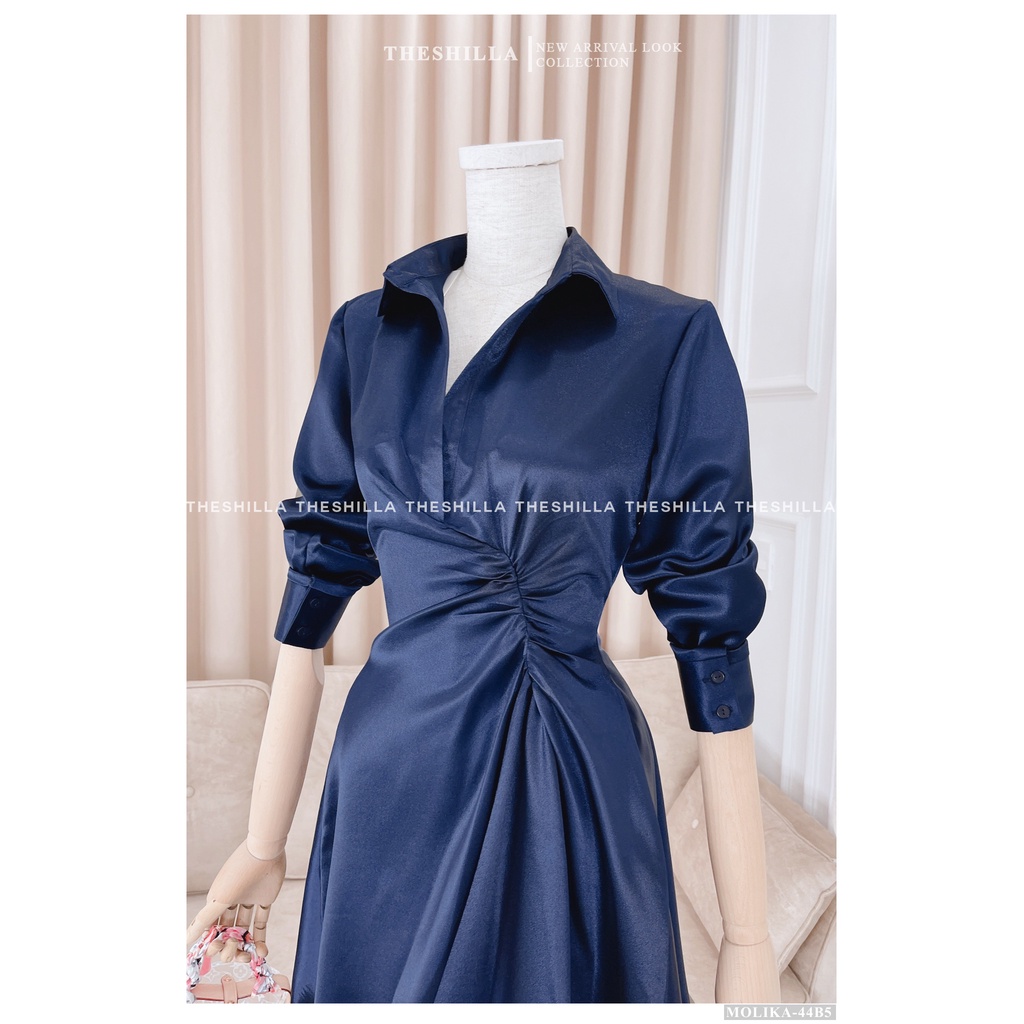 Váy thiết kế cao cấp màu xanh đen tay dài nhún eo cổ vest [ Có video + Ảnh thật ] The Shilla - Molika-44B5