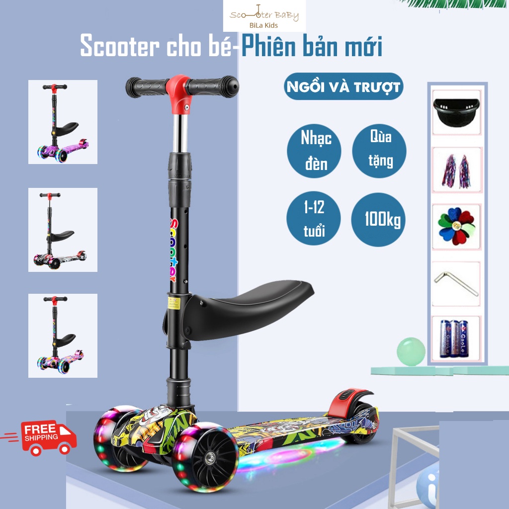 Xe Scooter Cho Bé Có Ghế, Nhạc, Đèn Gấp Gọn Thông Minh - Xe Trượt Scooter, Xe Chòi Chân 3 Bánh Phát Sáng Vĩnh Cửu