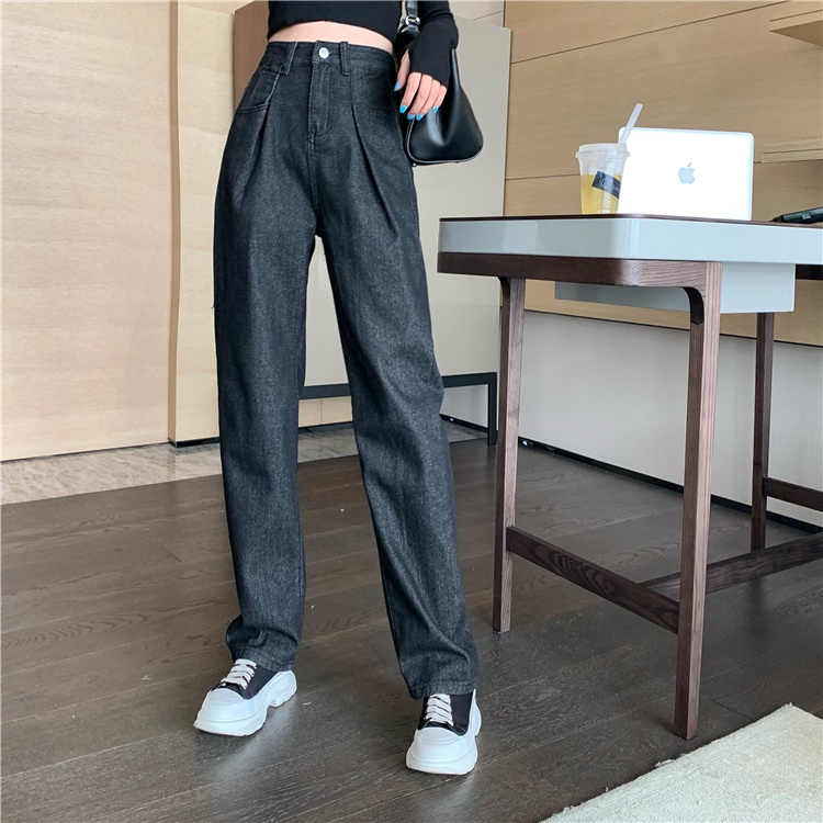 QKOOLE  Quần jean dài ống rộng lưng cao phong cách retro Hàn Quốc thời trang cho nữ