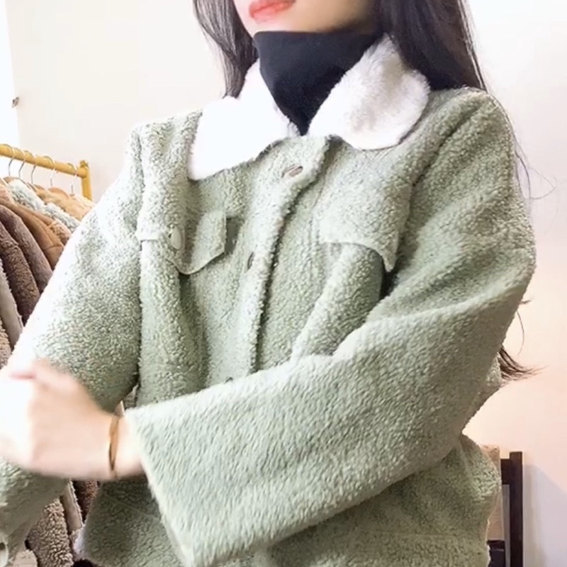 Áo Khoác Da Lộn Lông Cừu Xanh Mint - Cổ Lông