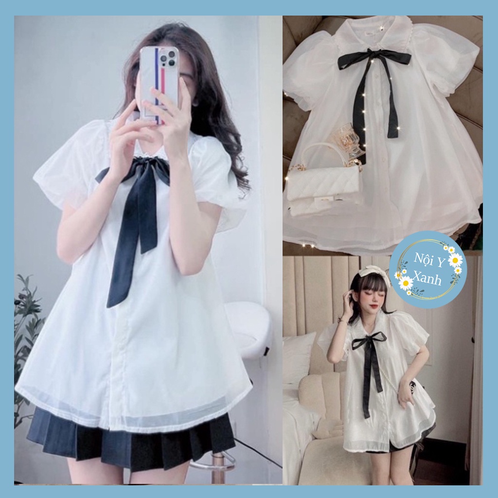 Áo sơ mi babydoll cộc tay ren tơ form thụng dáng xòe áo sơ mi kiểu nữ_027 chất mát, nữ bánh bèo ngắn tay ngực nhún