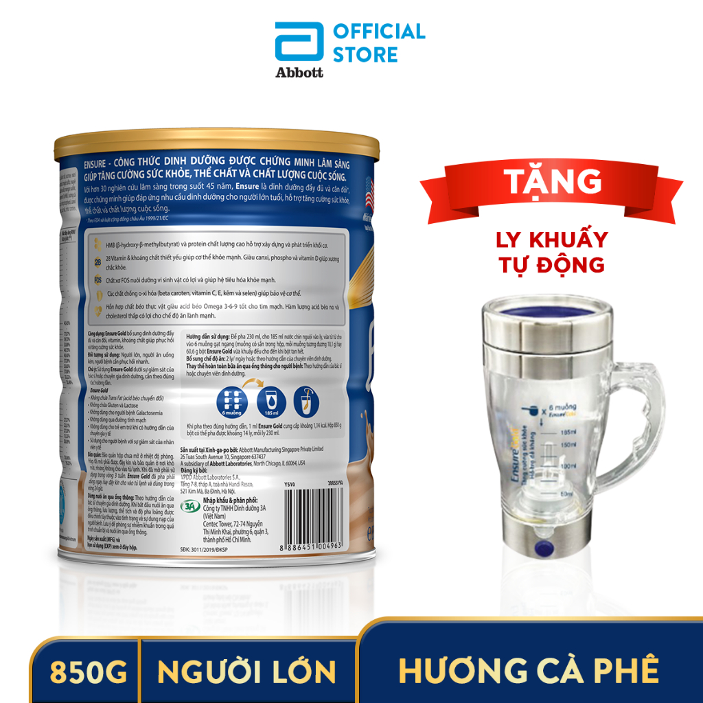 [Tặng ly khuấy tự động] Sữa bột Ensure Gold Cà Phê 850g