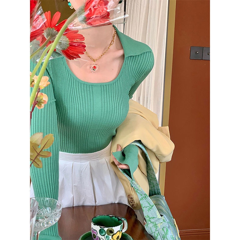 COZOK Áo len tay dài ống loe cổ điển