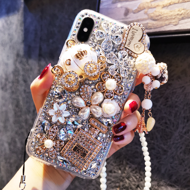 Samsung Note 10 Plus Note 9 8 S10 S9 S8 A6 A8 Plus A9 2018 Light luxury fashion with diamond and pearl lanyard with protective phone case