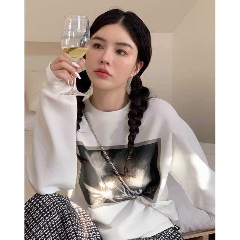 NRVP Áo Thun Nữ Dài Tay Dáng Rộng In Hình Phong Cách Hàn Quốc Mới