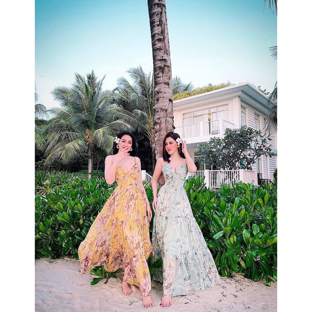 đầm maxi đi biển von lụa họa tiết hoa siêu xinh (kèm hình thật)
