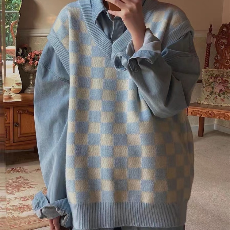 Áo len SUXI không tay cổ chữ V ht caro thời trang Hàn Quốc retro