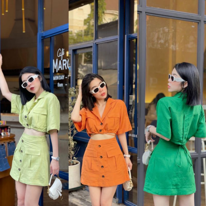 Set Áo Crotop Bo Eo Dây Rút Dài, Phối Chân Váy Chữ A Túi Hộp, Chất Thô Dày Dặn Sịn