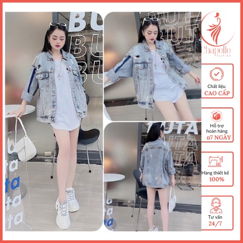 Áo Khoác jeans Nữ loang rách form rộng_Áo khoác bò nữ rách cá tính