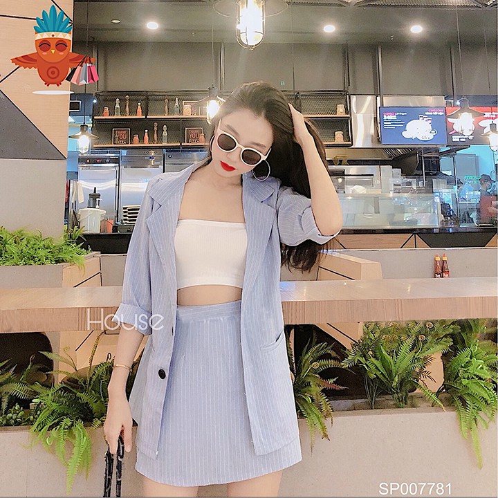 Set áo khoác vest sọc xanh biển phối chân váy lưng thun THOCA HOUSE 2 túi mổ đi làm, đi học freesize dưới 55kg | BigBuy360 - bigbuy360.vn