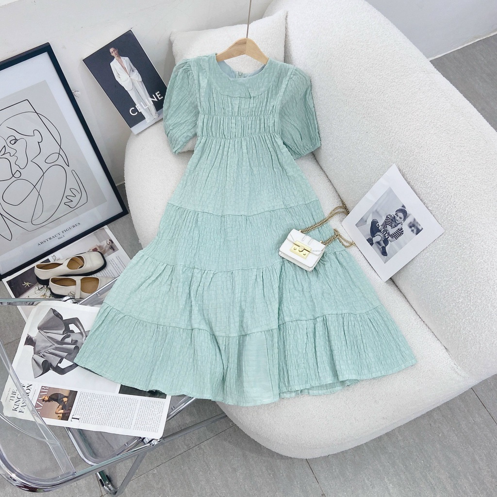 Đầm MIDI Xanh 💖DEMISS💖 Váy MIDI Xanh  Xốp Nhún Cổ Tròn Tay Bồng Ngọt Ngào - V-XANH-70