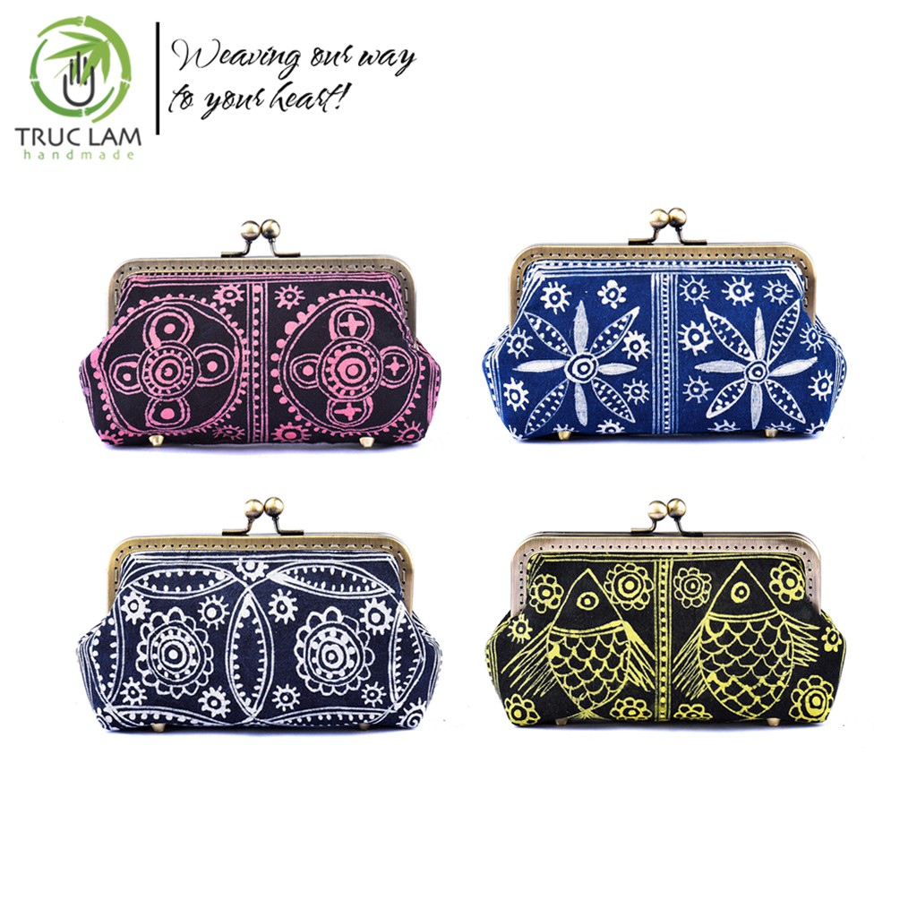Ví Nữ Dài Cầm Tay Khóa Nẹp Đồng Vải Nhuộm Sáp Ong Họa Tiết Vẽ Tay - Trúc Lâm Handmade