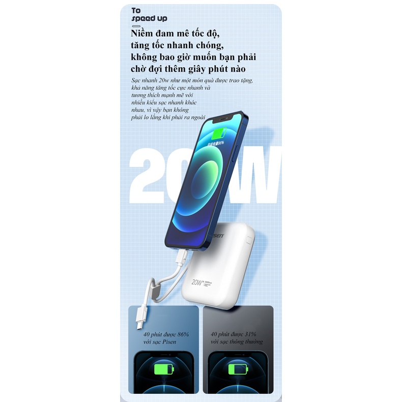 Pin sạc dự phòng PISEN Quick D156 10000mAh, 20W (Smart Chip, Dual Type-C, Lightning)(LS-DY20) - Hàng chính hãng