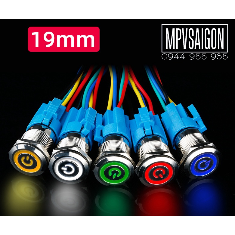 Công tắc nút nhấn kim loại LED 16mm hình nguồn NHẤN NHẢ chống nước chống gỉ sét ô tô xe máy tàu thuyền– 1