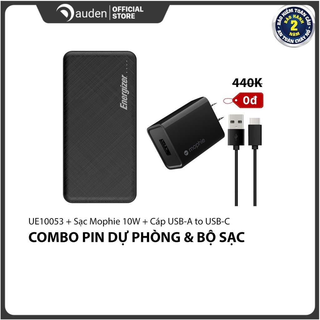 Combo Sạc dự phòng Energizer UE10053 + Sạc 10W Mophie + Cáp USBC