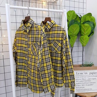 Áo sơ mi oversize 2 cổ caro vàng