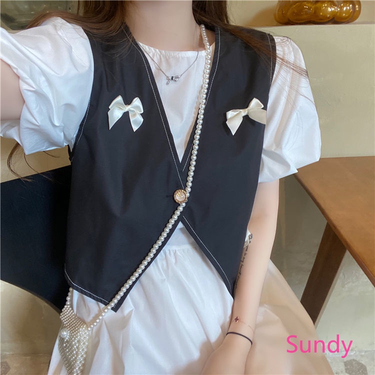 Plus Set Áo Tay Phồng + Đầm Phong Cách Retro Pháp Cho Nữ