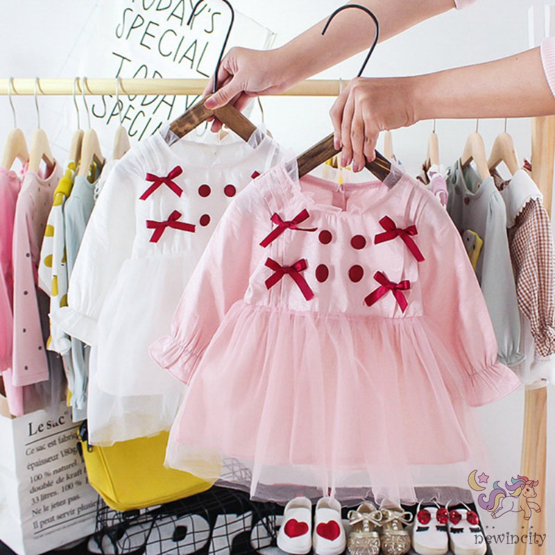 Váy Công Chúa Tay Dài Đính Nơ Đáng Yêu Cho Bé Gái