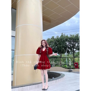Váy nhung đỏ cổ v tôn dáng kèm ảnh thật