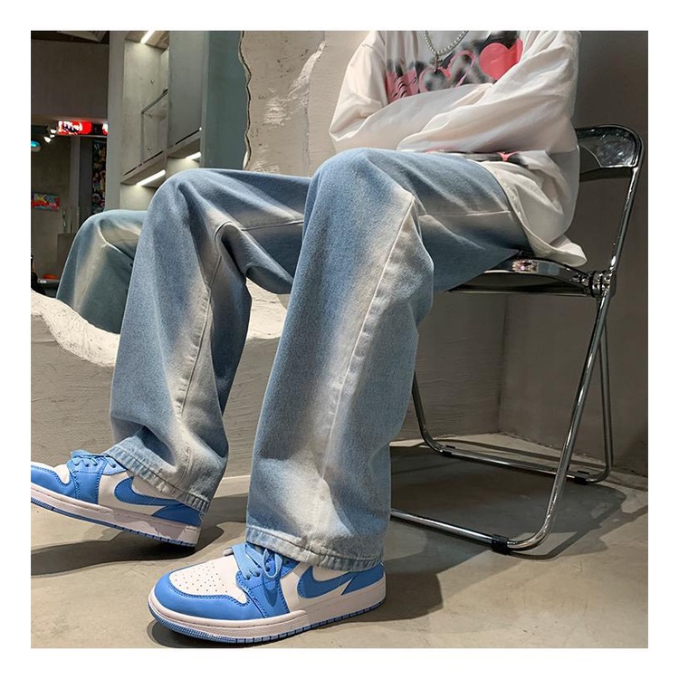 Quần jeans nam ống xuông màu xanh sọc trắng dáng hàn quốc cao cấp