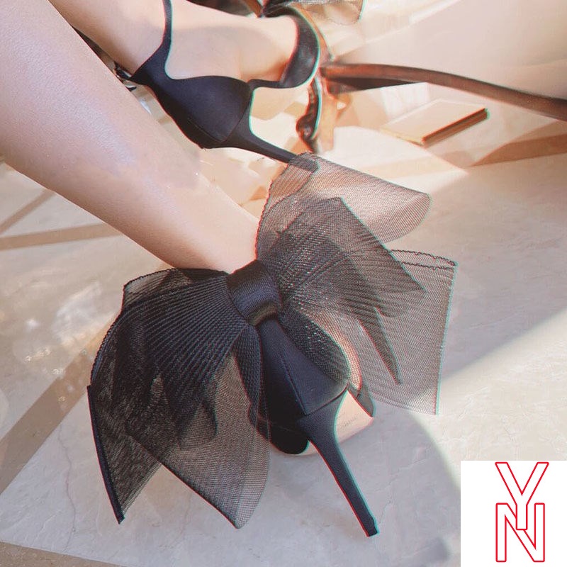 Giày Cao Gót Mũi Nhọn Đính Nơ Màu Đen Thời Trang Xuân Quyến Rũ Dành Cho Nữ 2022